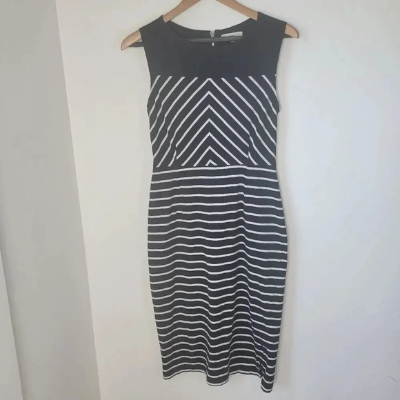Synergy Organic Black and White Striped Cotton Calf Length Dress - Picture 1 of 8